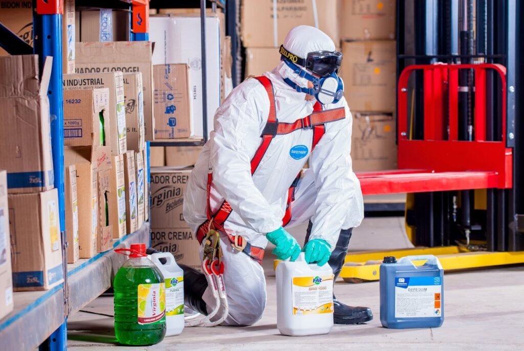 Professional janitorial staff cleaning office space with eco-friendly products, ensuring a spotless and hygienic work environment